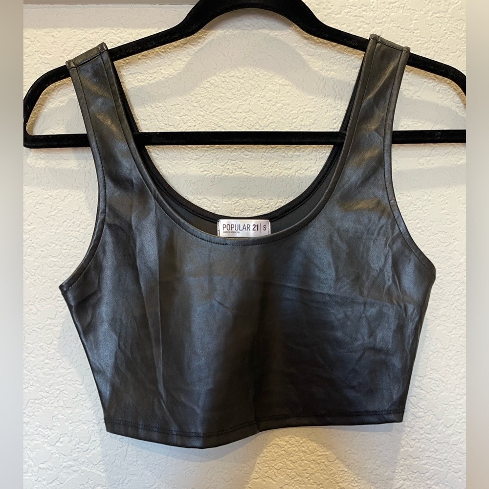 Black faux leather crop tank top